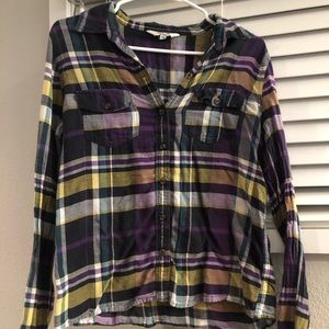 Purple and yellow plaid long sleeve shirt